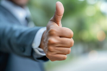 Close-up photo of a businessman's hand with thumb up.