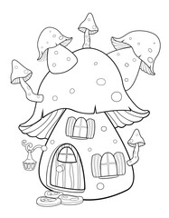 Mushroom house coloring book. Cartoon fantasy mushroom house. Little fairy house. Sketch in contours for coloring