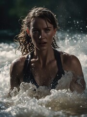 Athletic woman emerging from water. Adventurous expression on her face. Wet hair and splashing water.