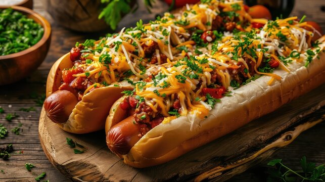 Gourmet Chili Dogs with Fresh Herbs and Melted Cheese - A Delightful Representation of American Cuisine Served in Stylish Wooden Baskets