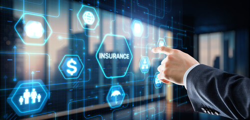 Businessman hand clicks insurance icons. Car travel family and life concept