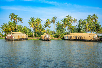 Indian traditional house boats anchored at Pamba river coastline, with palms at the background, Alappuzha, Kerala, South India © vadim.nefedov
