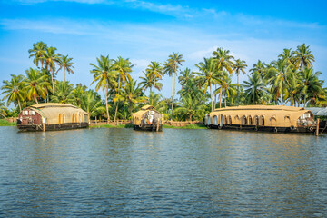 Indian traditional house boats anchored at Pamba river coastline, with palms at the background,...