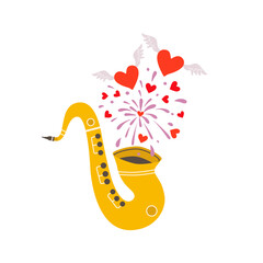 Saxophone Love Music cute hand drawn vector icon. Sax shooting out heart-shaped fireworks, hearts with wings joyful romantic illustration. Love romance symbols of weddings, Valentines Day celebration