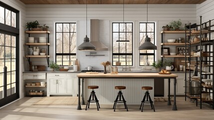 A modern farmhouse kitchen with shiplap walls, open shelving, and a mix of vintage and industrial elements