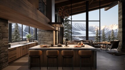 A modern mountain cabin kitchen with stone accents, reclaimed wood, and large windows framing snowy views