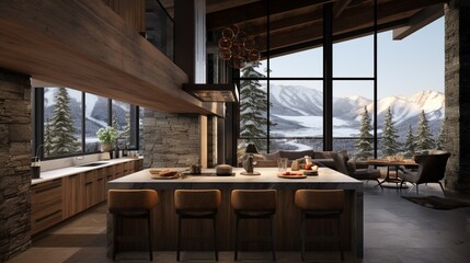 Fototapeta premium A modern mountain cabin kitchen with stone accents, reclaimed wood, and large windows framing snowy views