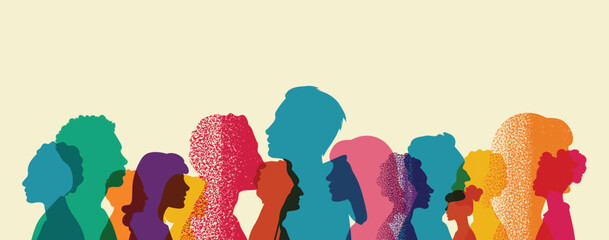 Different people stand side by side together. Group colored silhouette people from the side Men and women portraits. Community of colleagues or collaborators, inclusive education, diversity co-workers