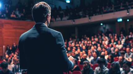 A speaker presenting to an audience in a conference hall, viewed from behind, focusing on public speaking and event hosting - obrazy, fototapety, plakaty