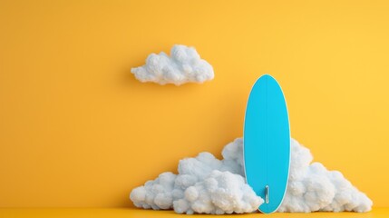 A whimsical scene with a blue surfboard and fluffy white clouds against a bright yellow background, suggesting summer fun and imaginative adventures - obrazy, fototapety, plakaty
