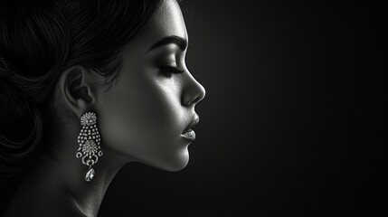 High contrast image of a woman's profile highlighting her exquisite jewelry and elegant hairstyle against a sleek monochrome backdrop. [Exquisite jewelry and elegant hairstyle fash