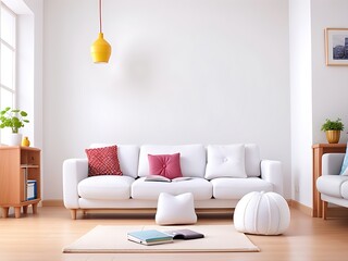 Fototapeta na wymiar White knitted pouf near sofa against wall with copy space.