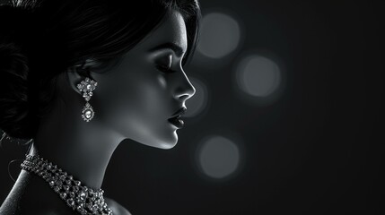 High contrast image of a woman's profile highlighting her exquisite jewelry and elegant hairstyle against a sleek monochrome backdrop. [Exquisite jewelry and elegant hairstyle fash