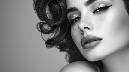 Classic beauty portrayed in a monochrome close-up of a woman's face with softly curled hair and timeless makeup. [Softly curled hair and timeless makeup fashion concept.close-up of