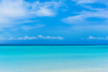 Fototapeta premium Seascape on summer day. Coast of azure ocean. Tropical resort. Seascape with blue sky. Southern ocean with crystal clear water. Ocean shore for tourists to relax. Seascape in calm weather