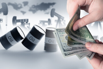 Barrels with petroleum products. Hands with money to buy petroleum. Falling barrels with oil logo....