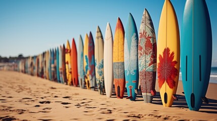 Surfboards on the beach at sunset. Colorful surfboards background. Surfboards with abstract pattern. Surfboards on the beach. Vacation Concept. Panoramic banner with copy space.