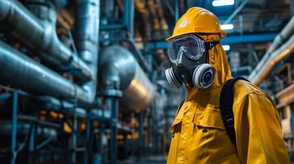 Man in a gas mask and respirator in a chemical factory. - obrazy, fototapety, plakaty