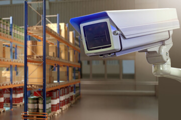 Surveillance camera in stock. CCTV system. Camera in storage area. CCTV near stacks of boxes. Video...