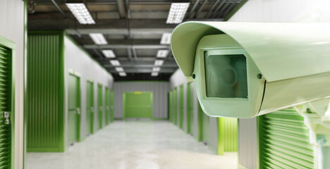 Storage units with CCTV camera. Warehouse corridor with CCTV. Camera near storage rooms. Warehouse...