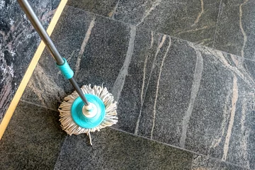 Rolgordijnen Mop for washing floors. House cleaning equipment. Mop for washing tiles. Brush for cleanup dust. Mop for cleaning stone surfaces. Device for cleaning and tidying. Mopping equipment. © Grispb