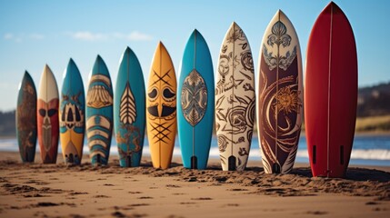 Surfboards on the beach at sunset. Colorful surfboards background. Surfboards with abstract...