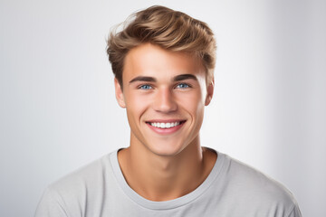 A photo portrait of a beautiful blond man over 18 years old, smiling with clean teeth, perfect teeth. To advertise dentistry.