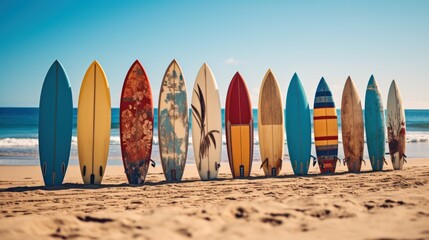 Surfboards on the beach at sunset. Colorful surfboards background. Surfboards with abstract pattern. Surfboards on the beach. Vacation Concept. Panoramic banner with copy space.
