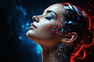 a beautiful woman portrait with a futuristic helmet from holography particles around her head and a dark blue and black background, cybernetics, computer rendering, sci-fi, cyber art