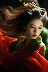 geisha woman with flower in her hair and dressed in green kimono with red flowers, dancing with red cloth on a dark background
