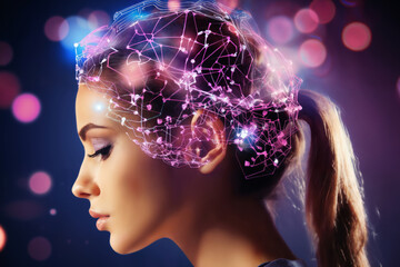a woman with pink holography lights particles around her head and a magenta bokeh lights background, cybernetics, computer rendering, sci-fi, cyber art