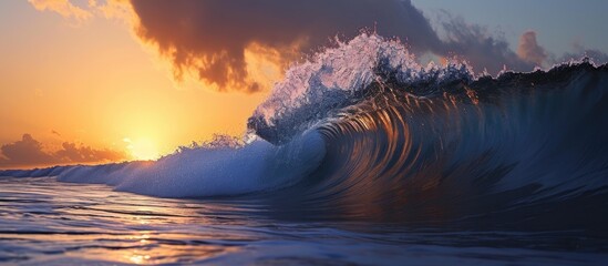 Giant wave crashing at sunset on the shore.