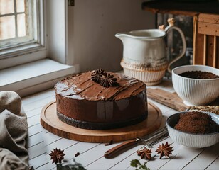 Schokoladenkuchen in der Küche am Küchenfenster