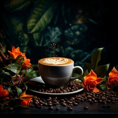 Kaffee in exotischen Ambiente, Blumen, Früchte, Kaffeebohnen, Pflanzen