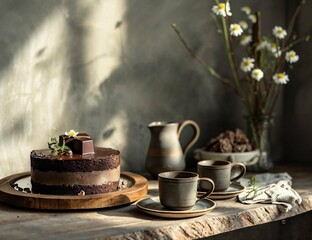 Gedeckter Tisch mit Schokoladenkuchen, Tassen und Pflanzen, schönes Licht
