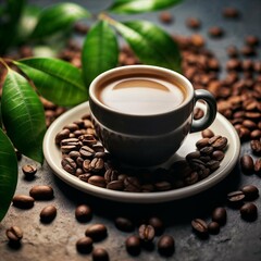 Tasse Kaffee mit Kaffeebohnen und Kaffeepflanze