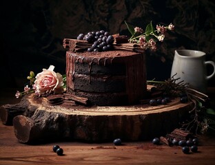 Schokoladenkuchen auf Holzbrett, extravagante Dekoration