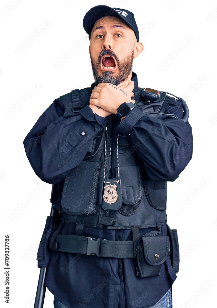 Poster Young handsome man wearing police uniform shouting suffocate because painful strangle. health problem. asphyxiate and suicide concept.