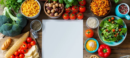 Fotobehang Meal plan concept. Food ingredients, salad serving utensils and clipboard © vetre