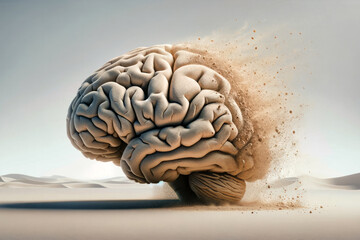 Alzheimer disease memory loss metaphor. Brain made out of sand being slowly blown away by the winds of time