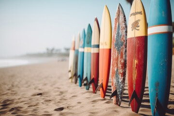 Surfboards on the beach at sunset. Colorful surfboards background. Surfboards with abstract pattern. Surfboards on the beach. Vacation Concept. Panoramic banner with copy space. - obrazy, fototapety, plakaty