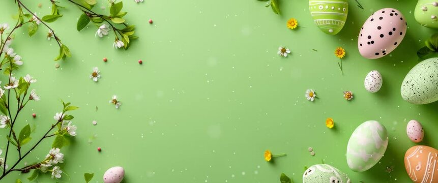 Anamorphic video Happy Easter background. Easter eggs copy space illustration.