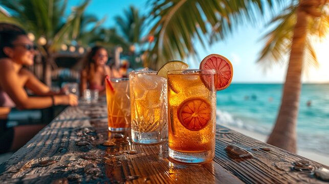 Various delicious cocktails on the bar counter against the background of palm trees