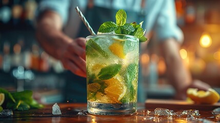 The bartender prepares a mojito cocktail at the bar. The concept of rest and weekends