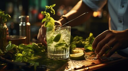 The bartender prepares a mojito cocktail at the bar. The concept of rest and weekends - obrazy, fototapety, plakaty