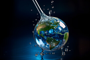 A drop of water in the form of planet Earth. Concept of water shortage, ocean pollution and global environmental problems. Copy space