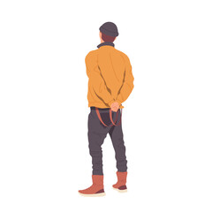 Rear view trendy fashion hipster guy cartoon character standing with folded hands behind back