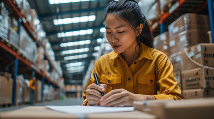 A young worker checks inventory and keeps records in a retail warehouse. A woman works in a logistics distribution center. Business concept, worker. - obrazy, fototapety, plakaty