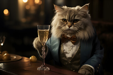 An anthropomorphic respectable cat in a suit sits at the bar counter and holds a glass of wine in...