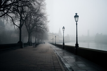 Misty riverside walkway with vintage street lamps Generative AI image